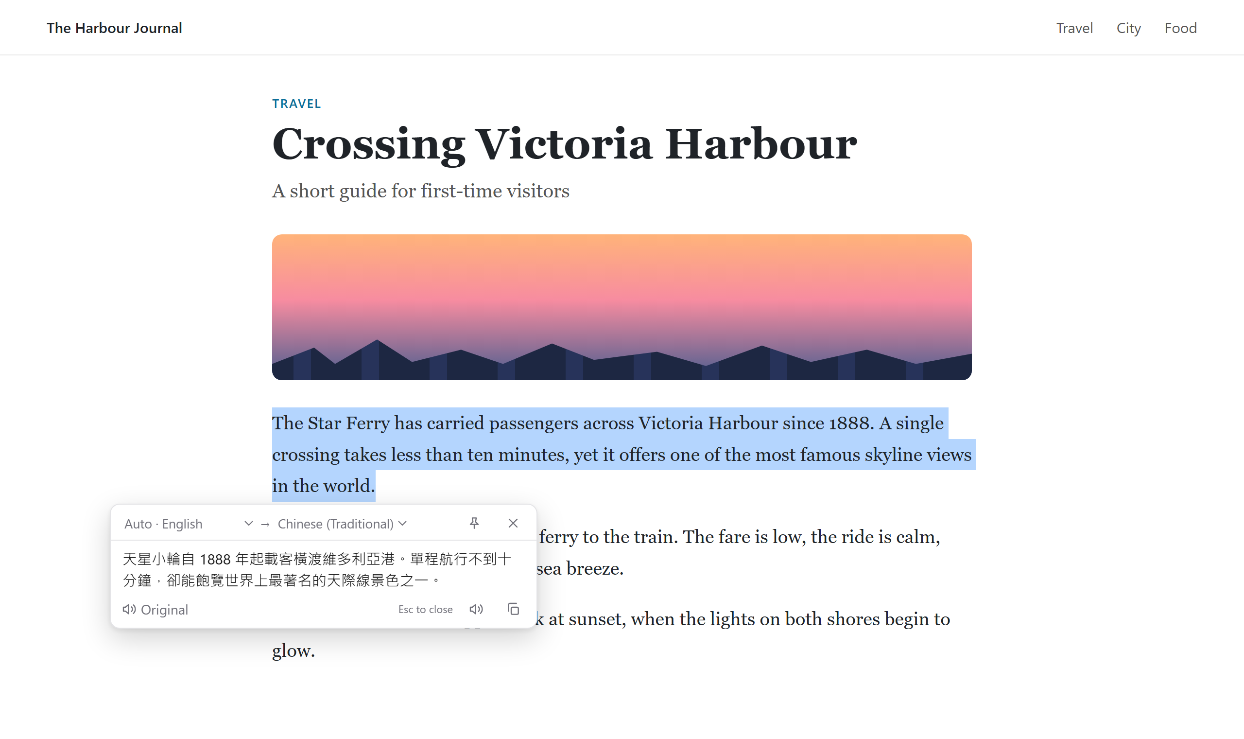 An English paragraph is selected on a travel article; a card right below it shows the Traditional Chinese translation, with buttons to listen, copy and change languages.